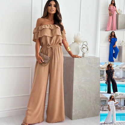 Off-Shoulder Ruffled Jumpsuit with Wide Legs and Drawstring Waist