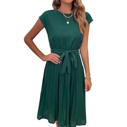 Solid Pleated Midi Dress with Tie-Waist and Cap Sleeves