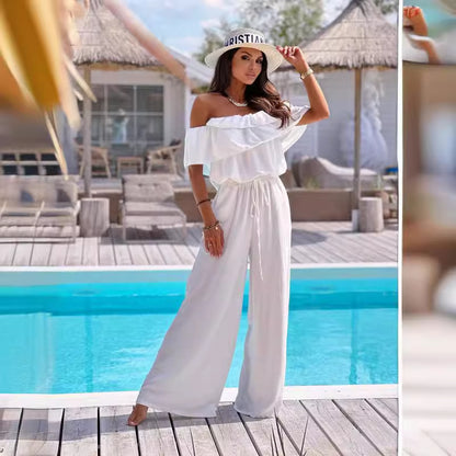 Off-Shoulder Ruffled Jumpsuit with Wide Legs and Drawstring Waist