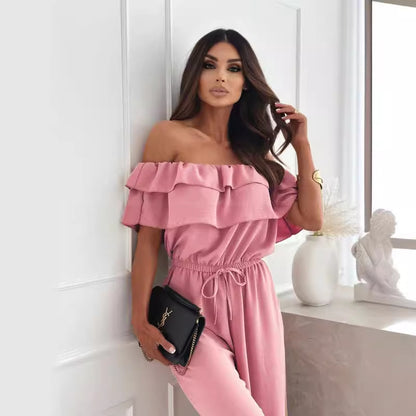 Off-Shoulder Ruffled Jumpsuit with Wide Legs and Drawstring Waist