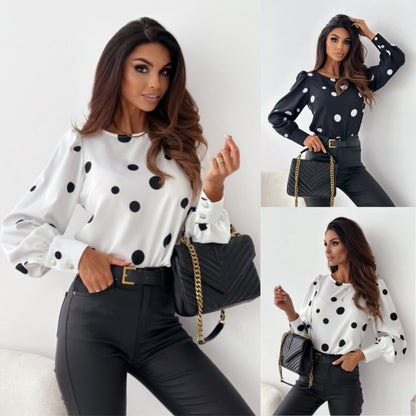 Polka Dot Long-Sleeve Blouse with Crewneck
