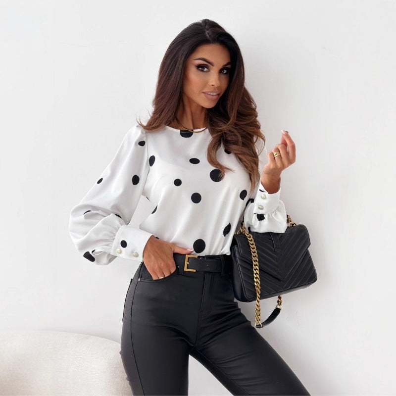 Polka Dot Long-Sleeve Blouse with Crewneck