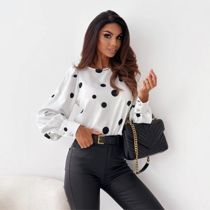 Polka Dot Long-Sleeve Blouse with Crewneck