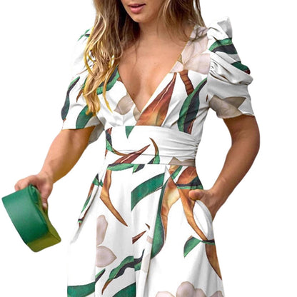 Printed Wide Leg Jumpsuit with V-Neck and Puff Sleeves