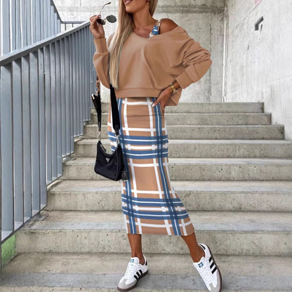 Printed Two-Piece Set with Batwing Sleeve Top & Sheath Skirt