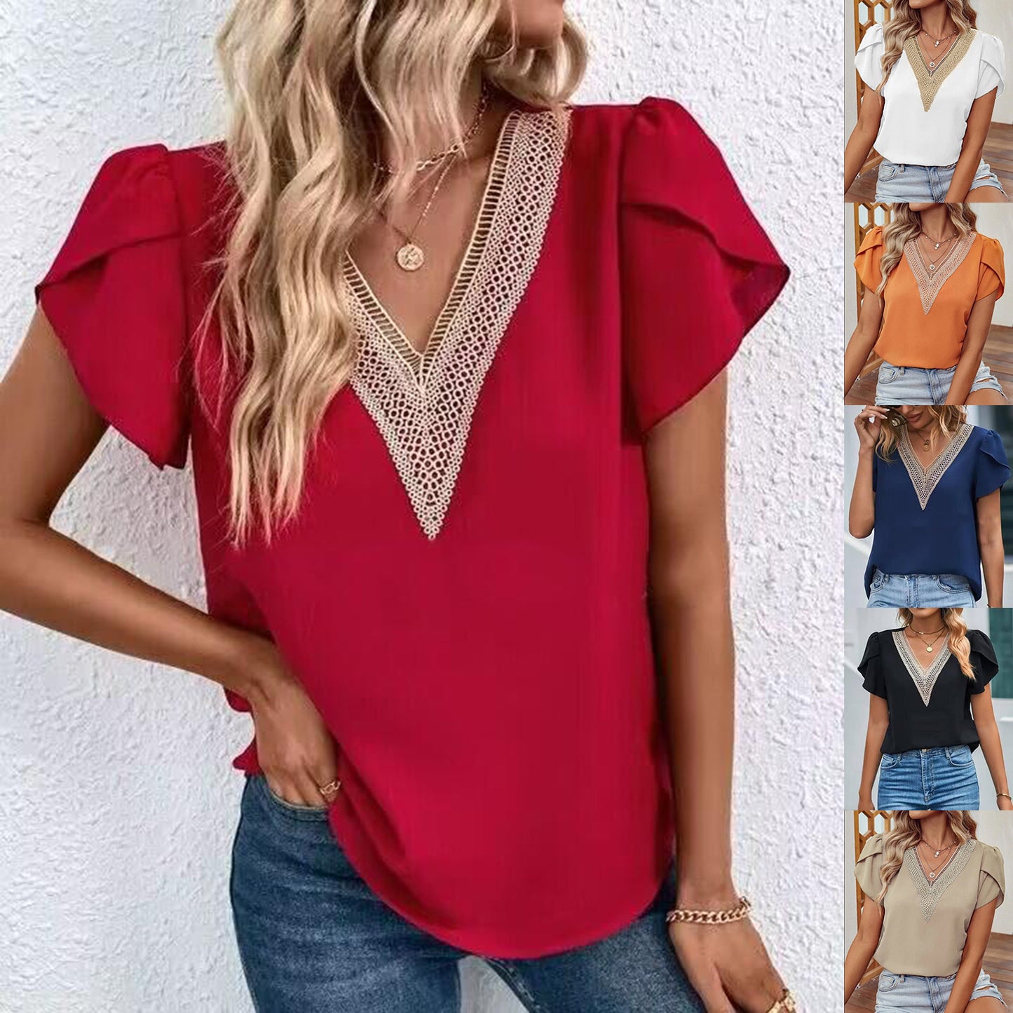 Solid Blouse with Lace-Trim V-Neck and Petal Sleeves