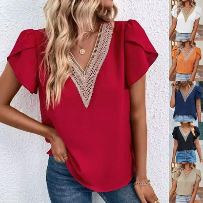 Solid Blouse with Lace-Trim V-Neck and Petal Sleeves