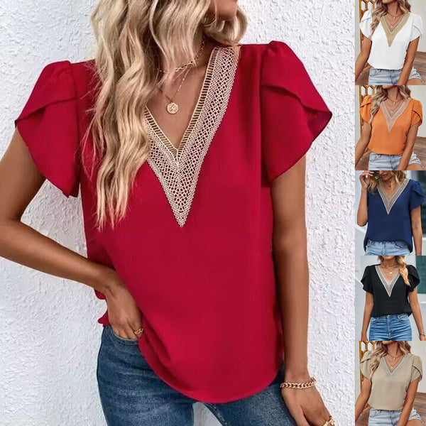 Solid Blouse with Lace-Trim V-Neck and Petal Sleeves