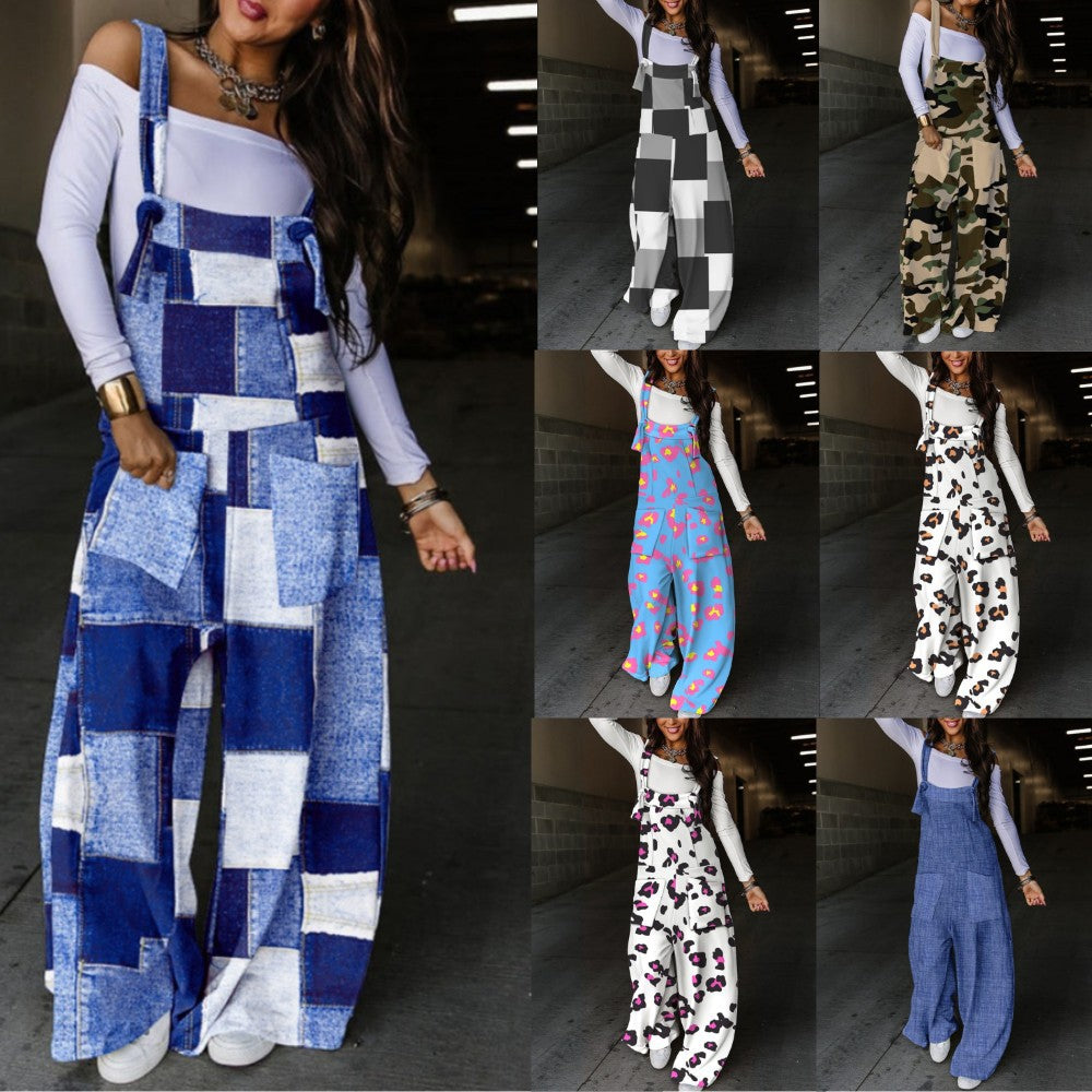 Printed Wide-Leg Dungarees with Tie Straps