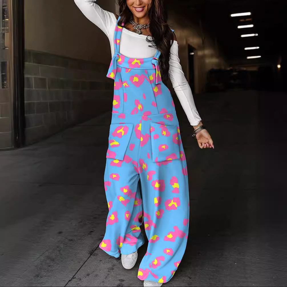 Printed Wide-Leg Dungarees with Tie Straps