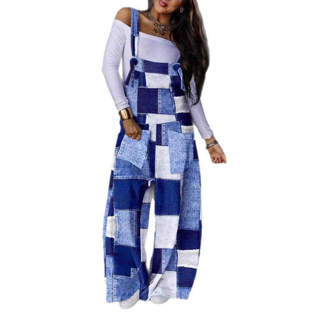 Printed Wide-Leg Dungarees with Tie Straps