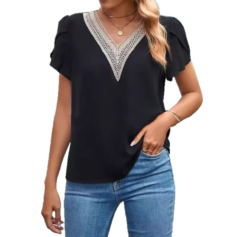 Solid Blouse with Lace-Trim V-Neck and Petal Sleeves