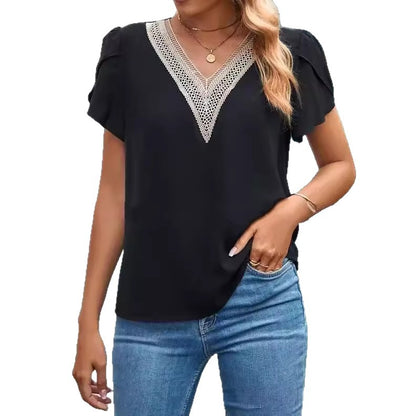 Solid Blouse with Lace-Trim V-Neck and Petal Sleeves