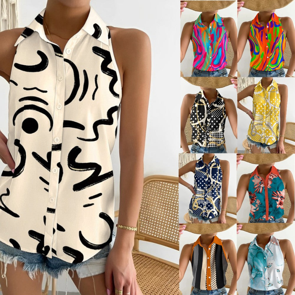 Abstract Print Halter Top with Collared Button Front