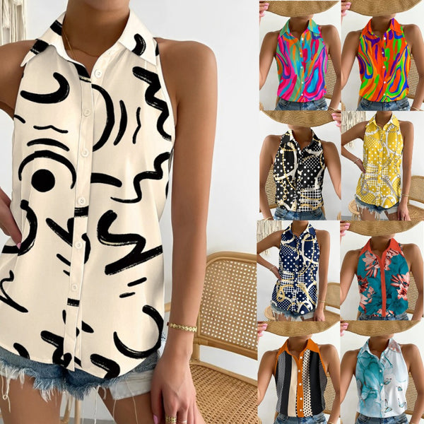 Abstract Print Halter Top with Collared Button Front