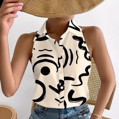 Abstract Print Halter Top with Collared Button Front