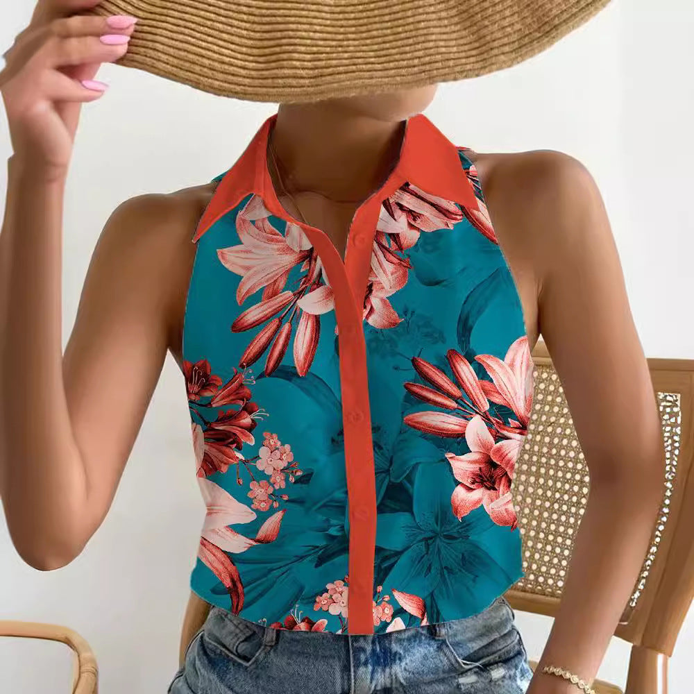 Abstract Print Halter Top with Collared Button Front