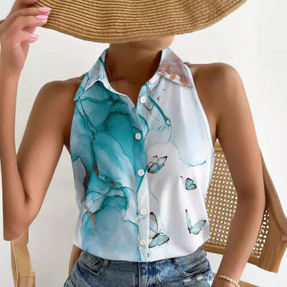 Abstract Print Halter Top with Collared Button Front