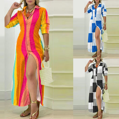 Striped Maxi Shirt Dress with V-Neck and Side Slit