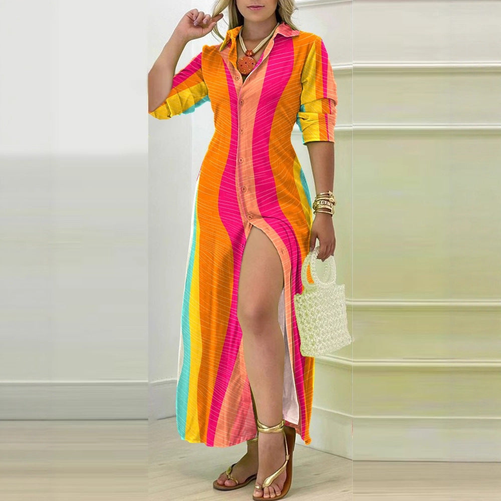 Striped Maxi Shirt Dress with V-Neck and Side Slit