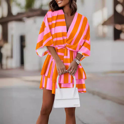 Printed Mini Dress with Faux Wrap V-Neck and Bat Sleeves