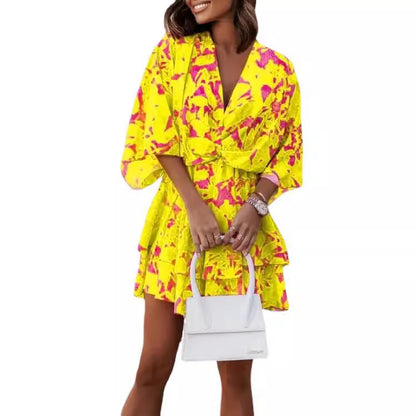 Printed Mini Dress with Faux Wrap V-Neck and Bat Sleeves