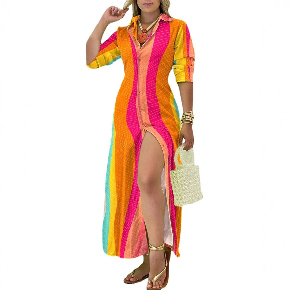 Striped Maxi Shirt Dress with V-Neck and Side Slit