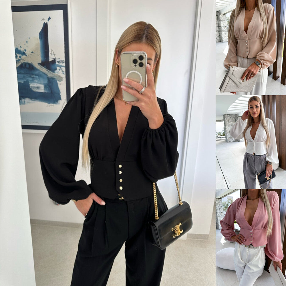 Solid V-Neck Blouse with Lantern Sleeves and Fitted Waist