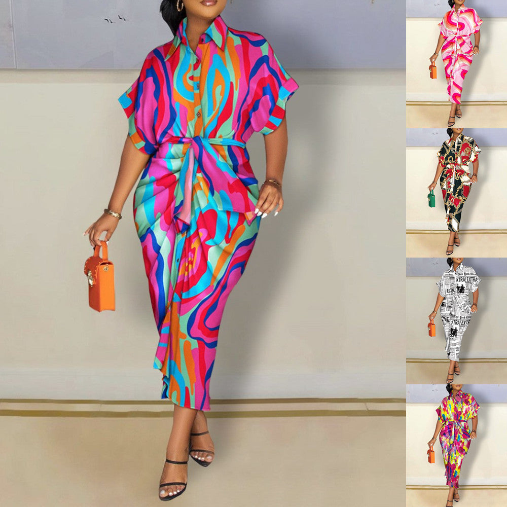 Printed Shirt Dress with Short Sleeves and Tie-Waist