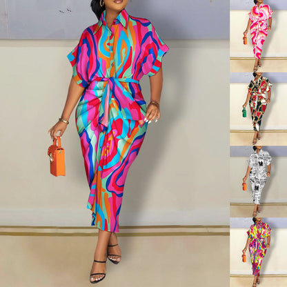 Printed Shirt Dress with Short Sleeves and Tie-Waist