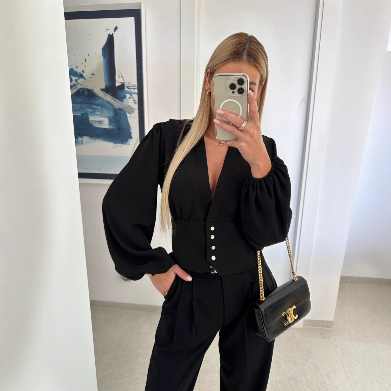 Solid V-Neck Blouse with Lantern Sleeves and Fitted Waist