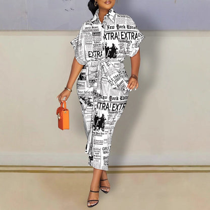 Printed Shirt Dress with Short Sleeves and Tie-Waist