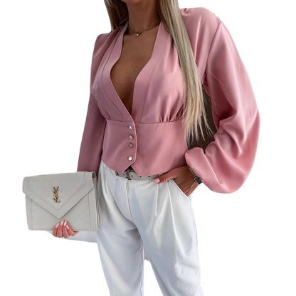 Solid V-Neck Blouse with Lantern Sleeves and Fitted Waist