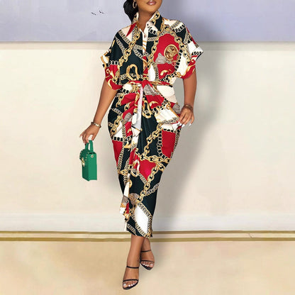 Printed Shirt Dress with Short Sleeves and Tie-Waist