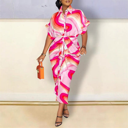 Printed Shirt Dress with Short Sleeves and Tie-Waist