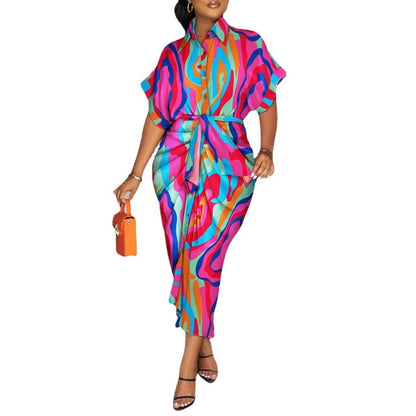 Printed Shirt Dress with Short Sleeves and Tie-Waist