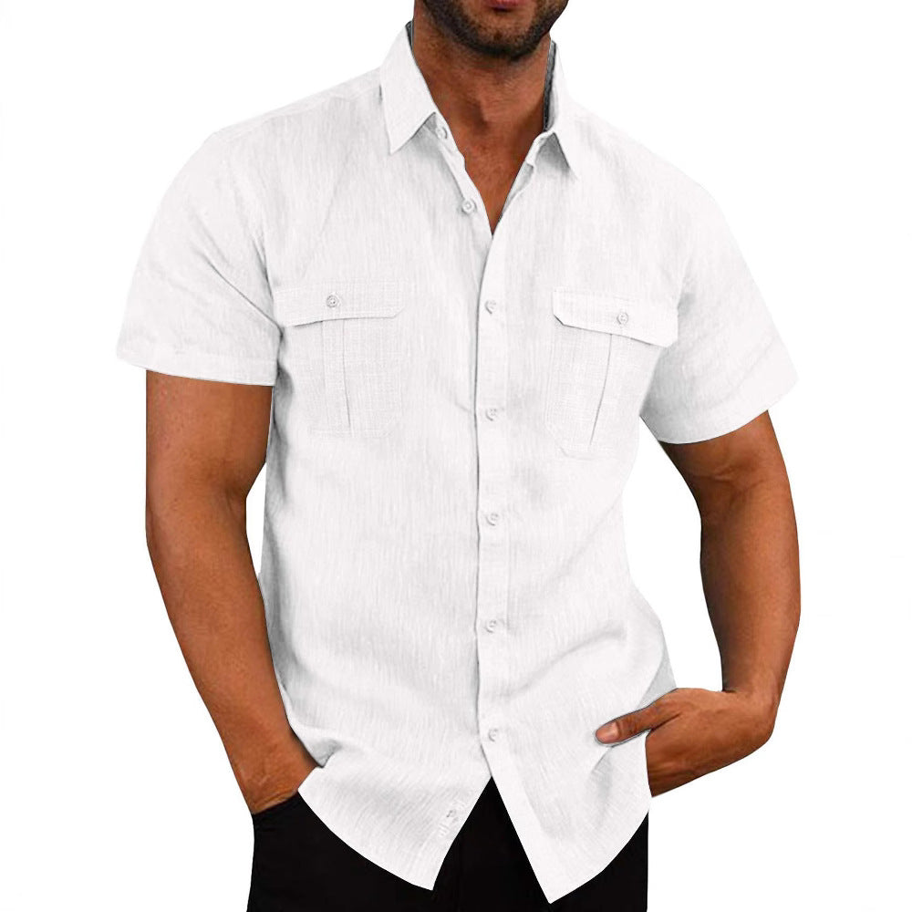 Solid Short Sleeve Linen Blend Shirt with Double Pockets