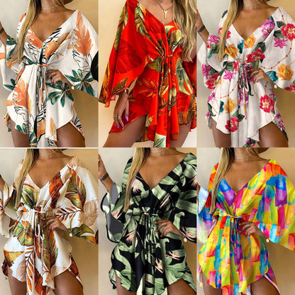 Printed Tunic Dress with V-Neck and Batwing Sleeves