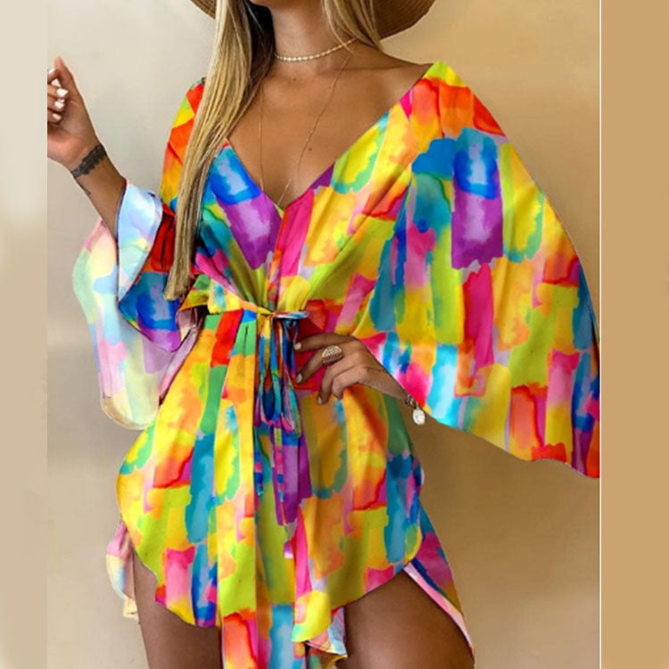 Printed Tunic Dress with V-Neck and Batwing Sleeves