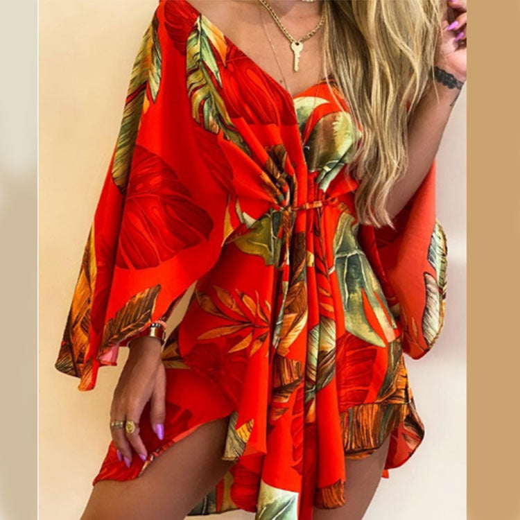 Printed Tunic Dress with V-Neck and Batwing Sleeves
