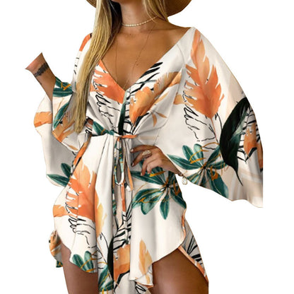 Printed Tunic Dress with V-Neck and Batwing Sleeves