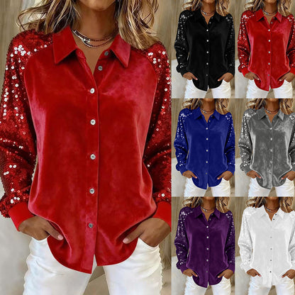 Loose Velvet Button-Down Shirt with Sequined Sleeves