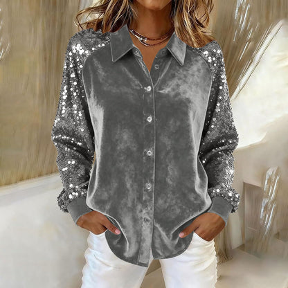 Loose Velvet Button-Down Shirt with Sequined Sleeves