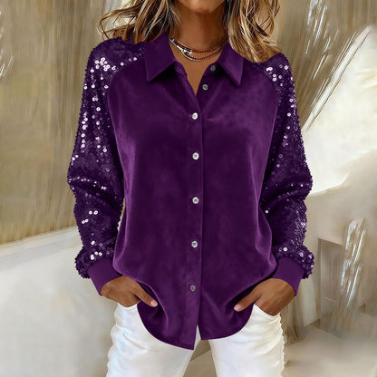 Loose Velvet Button-Down Shirt with Sequined Sleeves