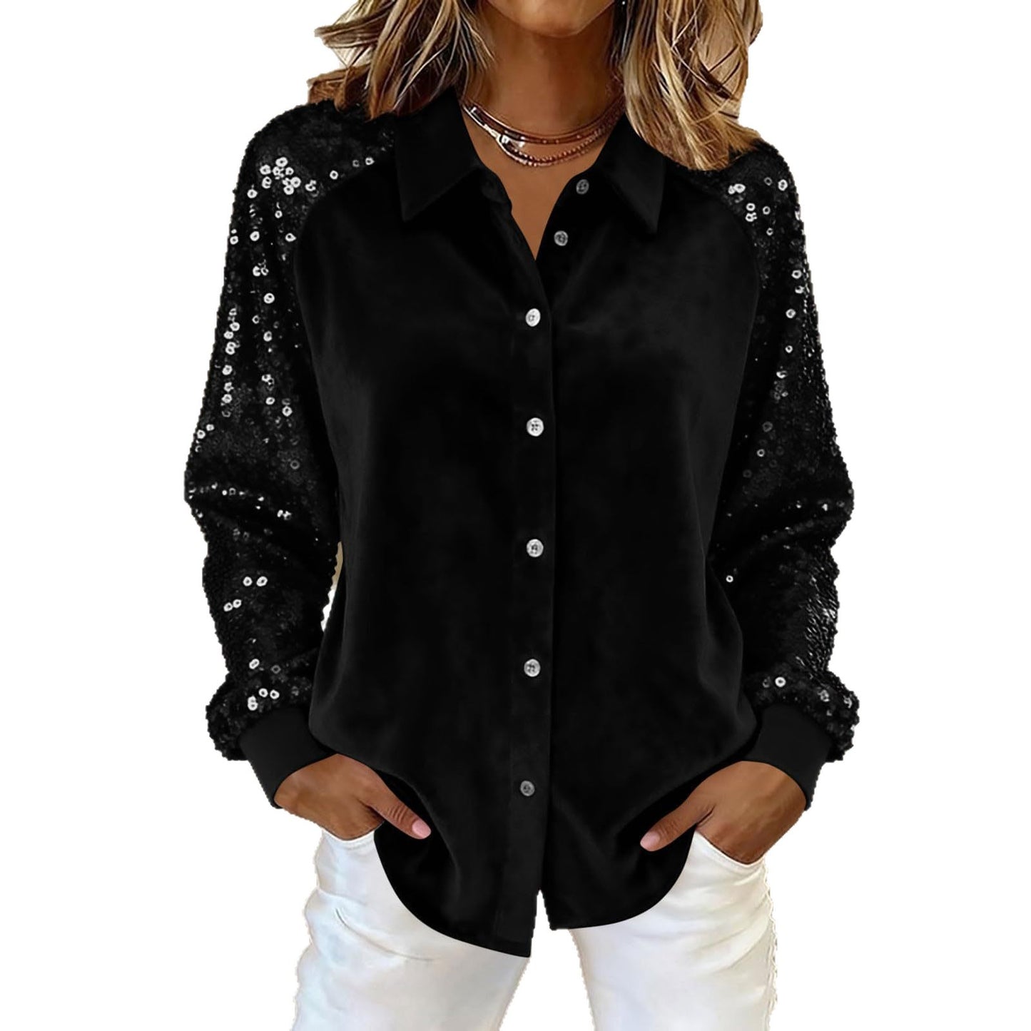 Loose Velvet Button-Down Shirt with Sequined Sleeves