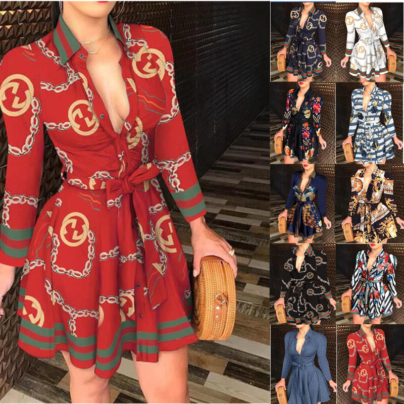 Printed A-Line Shirt Dress with Tie-Waist