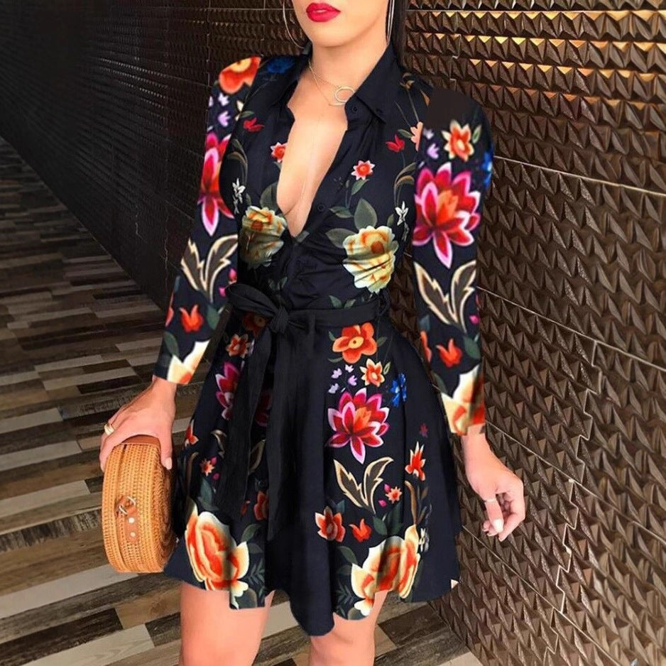 Printed A-Line Shirt Dress with Tie-Waist
