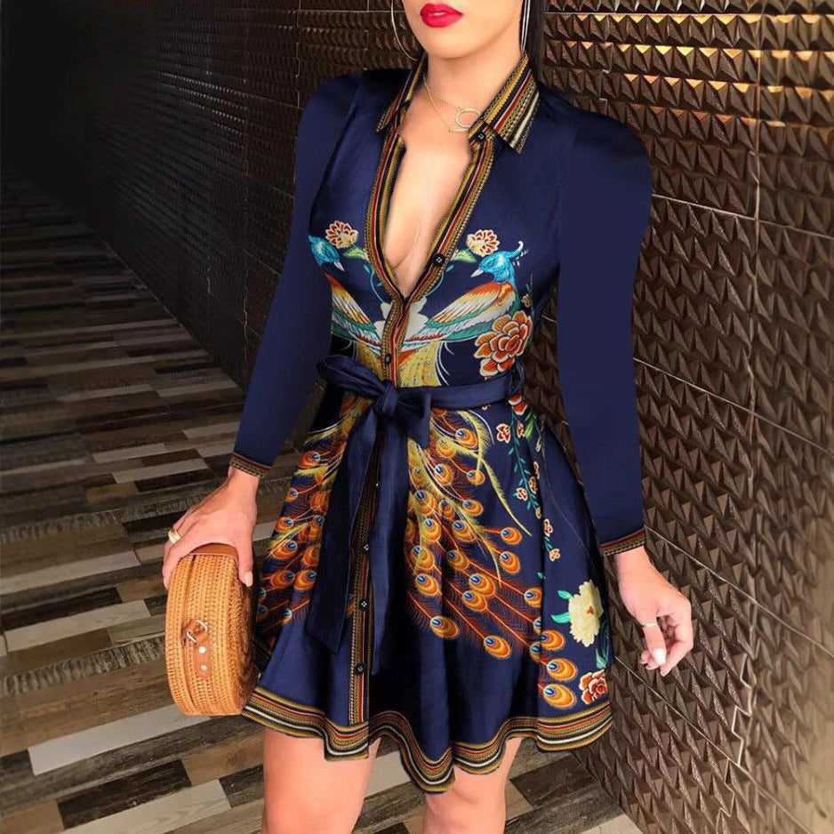 Printed A-Line Shirt Dress with Tie-Waist