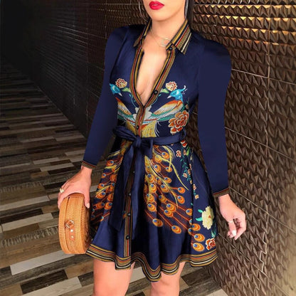 Printed A-Line Shirt Dress with Tie-Waist