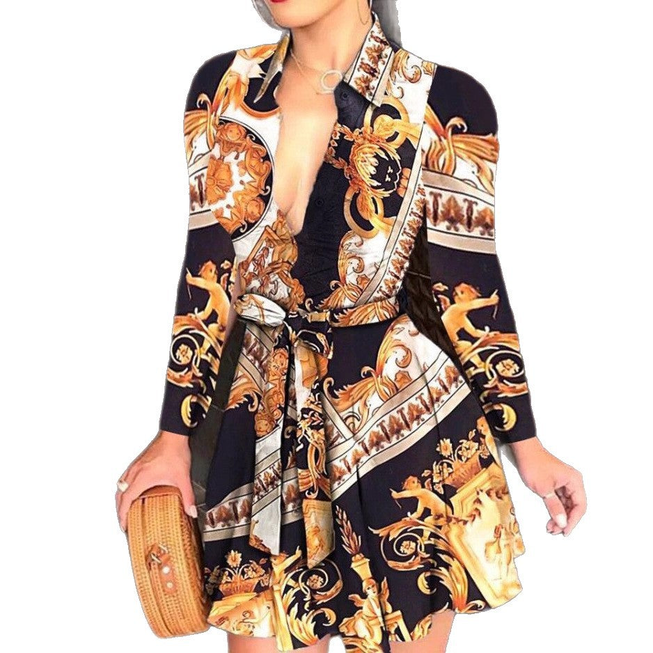 Printed A-Line Shirt Dress with Tie-Waist